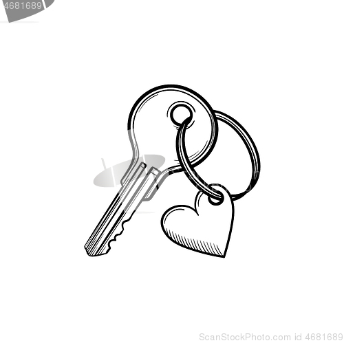 Image of Key with heart shaped keyholder hand drawn outline doodle icon.