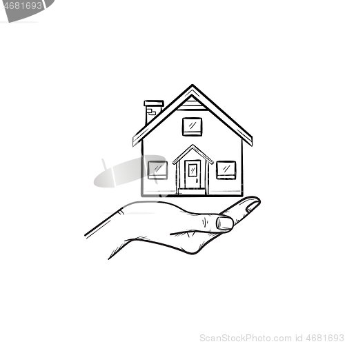 Image of Hand holding house hand drawn outline doodle icon.