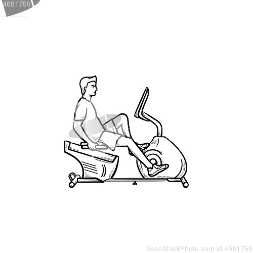 Image of Man on exercise bike hand drawn outline doodle icon.