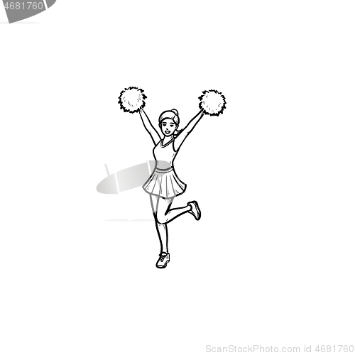 Image of Cheerleader girl with pompoms hand drawn outline doodle icon.