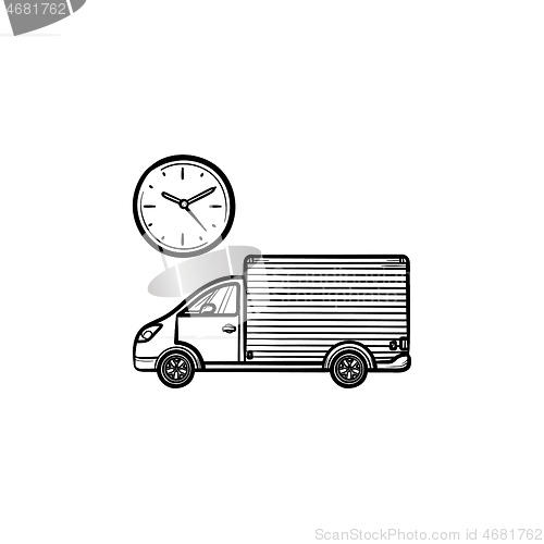 Image of Delivery truck with clock hand drawn outline doodle icon.