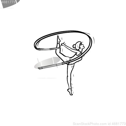 Image of Young gymnast woman with ribbon hand drawn outline doodle icon.