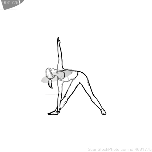 Image of Woman in yoga triangle pose hand drawn outline doodle icon.