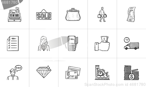 Image of Shopping and paying hand drawn outline doodle icon set.