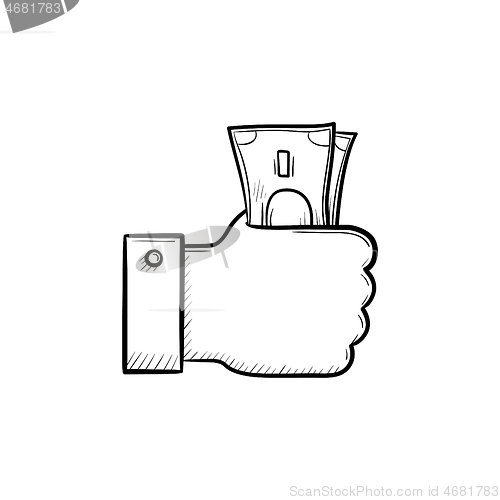 Image of Hand holding money hand drawn outline doodle icon.