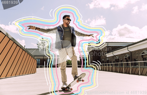 Image of indian man doing trick on skateboard on roof top