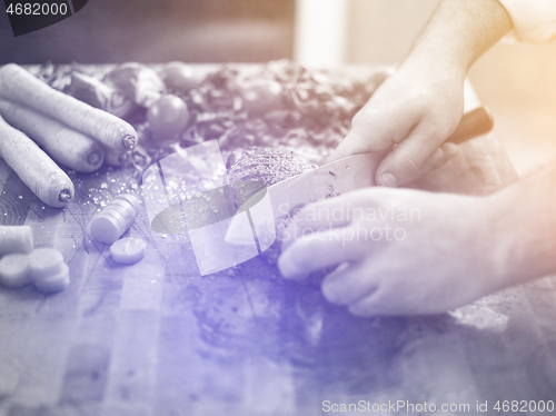 Image of closeup of Chef hands preparing beef steak