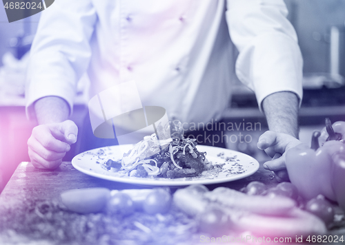 Image of cook chef decorating garnishing prepared meal