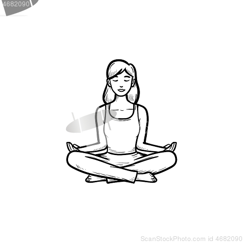 Image of Woman in yoga lotus pose hand drawn outline doodle icon.