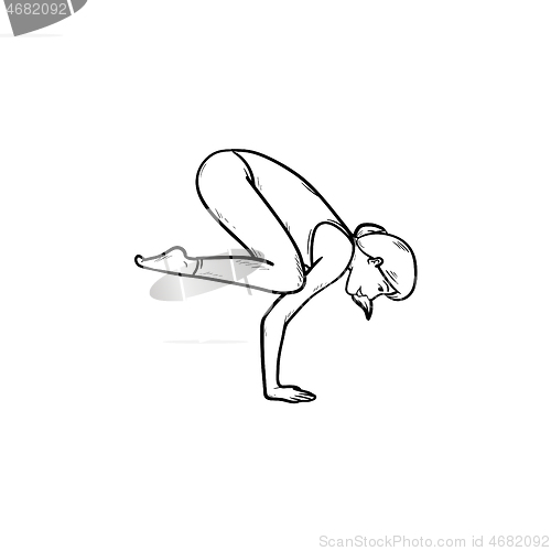 Image of Woman in yoga crow pose hand drawn outline doodle icon.