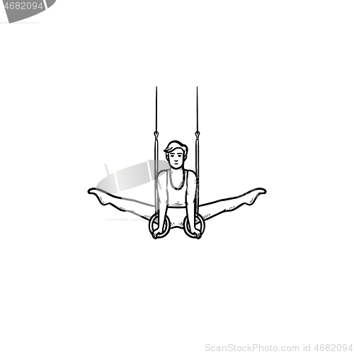 Image of Gymnast on rings hand drawn outline doodle icon.