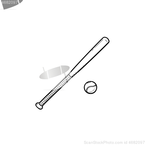 Image of Baseball bat and ball hand drawn outline doodle icon.