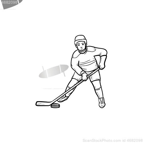 Image of Hockey player hand drawn outline doodle icon.