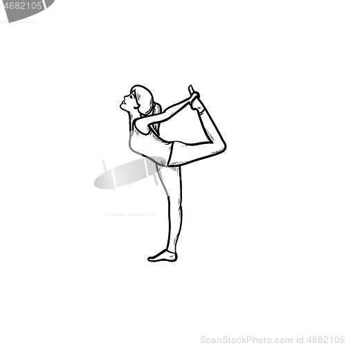 Image of Woman stretching in yoga pose hand drawn outline doodle icon.
