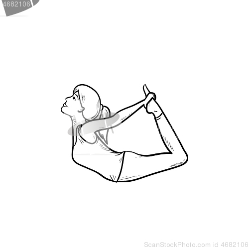 Image of Woman in yoga bow pose hand drawn outline doodle icon.