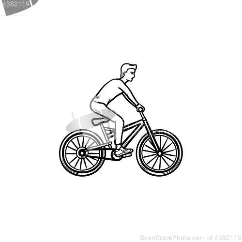 Image of Man on bike hand drawn outline doodle icon.