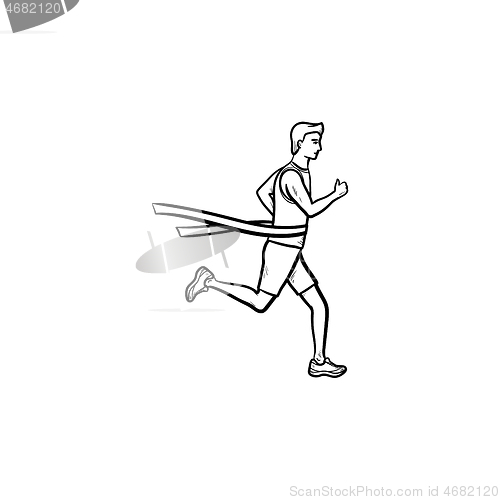Image of Race runner and finishing tape hand drawn outline doodle icon.