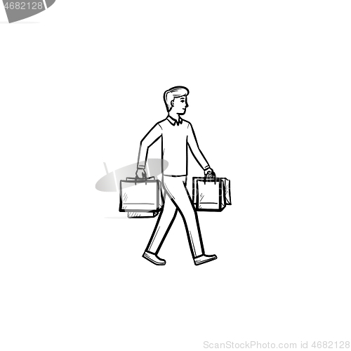 Image of Shopper with shopping bags hand drawn outline doodle icon.