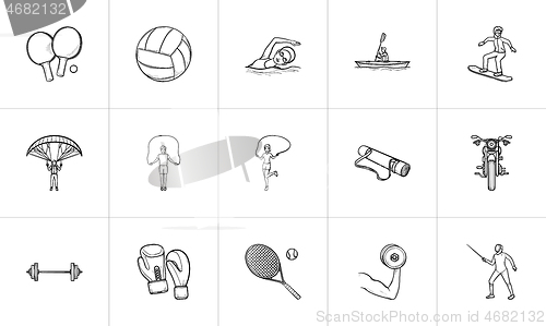 Image of Sports and equipment hand drawn outline doodle icon set.