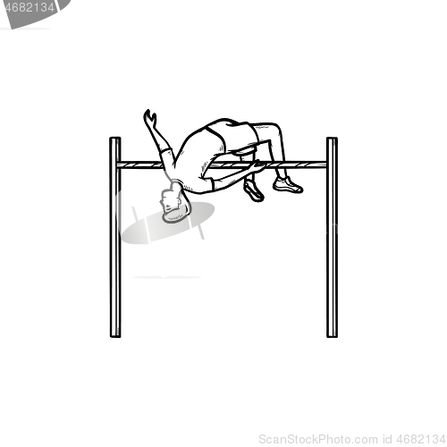 Image of Athlete performing high jump hand drawn outline doodle icon.