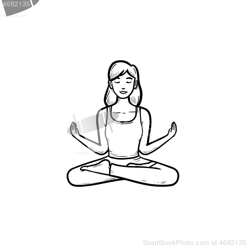 Image of Woman in yoga lotus pose hand drawn outline doodle icon.