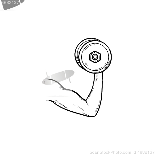 Image of Arm with dumbbell hand drawn outline doodle icon.