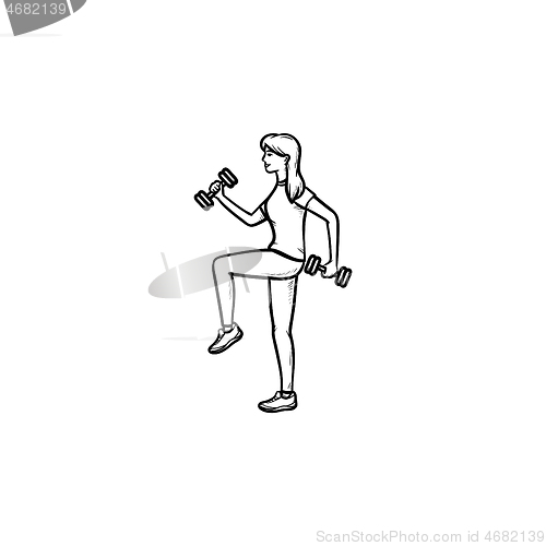 Image of Woman with dumbbells hand drawn outline doodle icon.