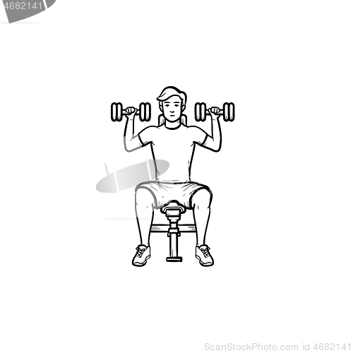 Image of Young man with dumbbells hand drawn outline doodle icon.