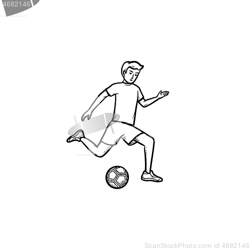 Image of Soccer player with ball hand drawn outline doodle icon.