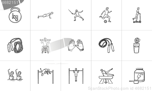 Image of Sports and workout hand drawn outline doodle icon set.