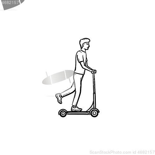 Image of Man on kick scooter hand drawn outline doodle icon.