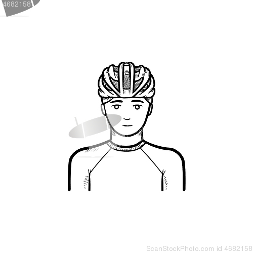 Image of Man in bicycle helmet hand drawn outline doodle icon.