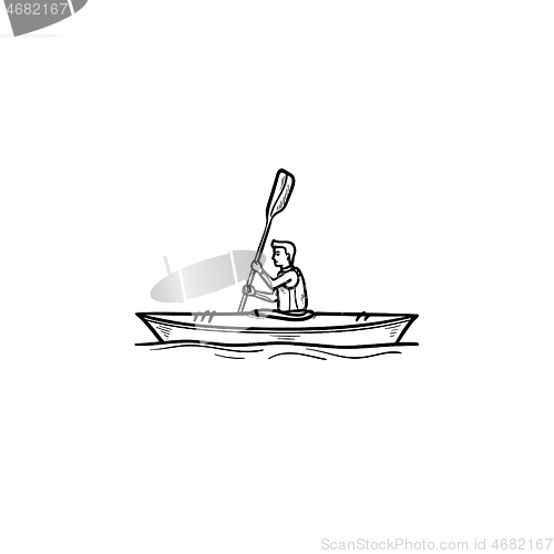 Image of Man in canoe hand drawn outline doodle icon.