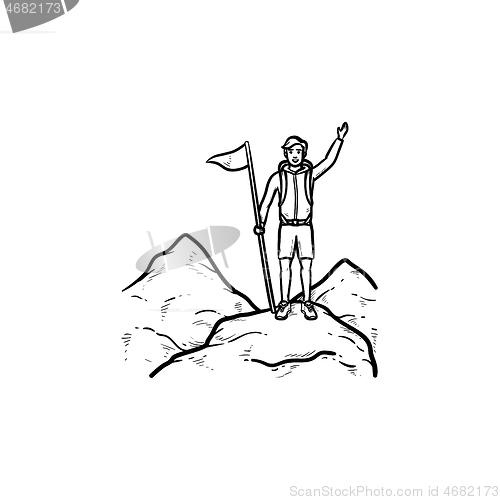 Image of Climber with flag standing on mountain top hand drawn outline doodle icon.