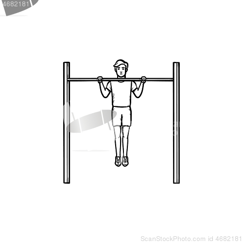 Image of Man doing pull-ups hand drawn outline doodle icon.