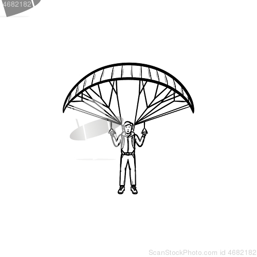 Image of Skydiver with parachute hand drawn outline doodle icon.