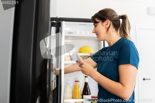 Image of woman making list of necessary food at home fridge