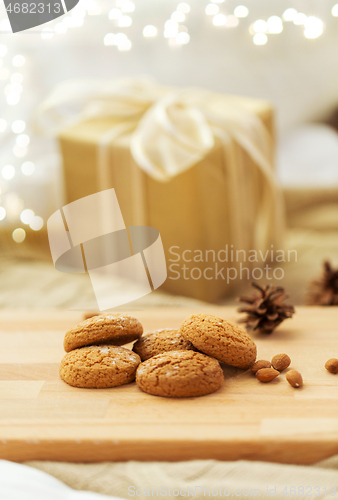 Image of close up of oatmeal cookies on wooden table