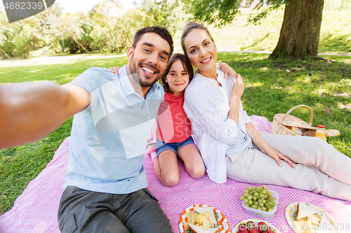 Image of family having picnic and taking selfie at park