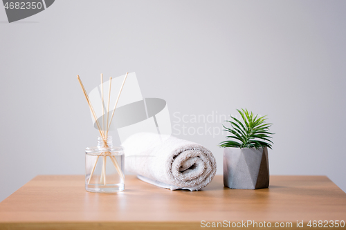 Image of aroma reed diffuser, bath towel and succulent