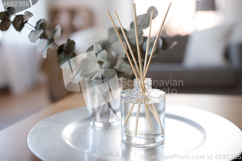 Image of aroma reed diffuser and branches of eucalyptus