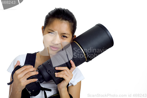 Image of asian woman with cam and tele