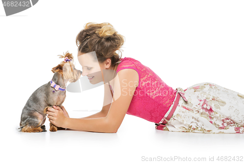 Image of Girl with yorkie dog