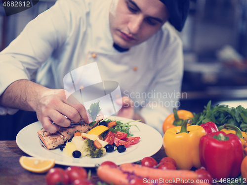 Image of cook chef decorating garnishing prepared meal