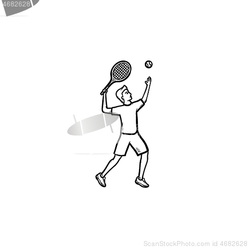 Image of Man playing big tennis hand drawn outline doodle icon.