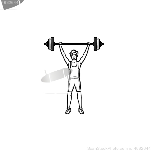 Image of Sportsman with heavyweight barbell hand drawn outline doodle icon.