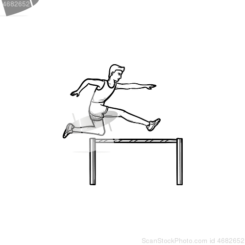 Image of Sportsman jumping over obstacles hand drawn outline doodle icon.