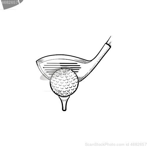 Image of Golf club and ball on tee hand drawn outline doodle icon.