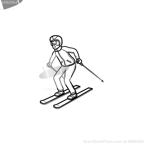 Image of Skier skiing downhill hand drawn outline doodle icon.