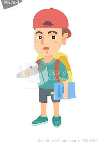 Image of Caucasian schoolboy holding cellphone and textbook